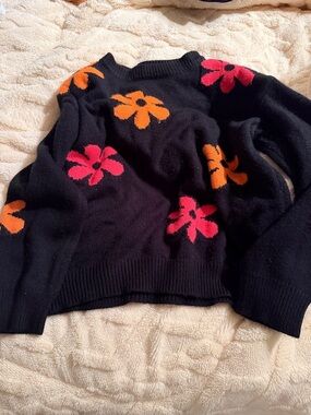 SHEIN Black Crewneck Sweater with Pink and Orange Floral Motifs